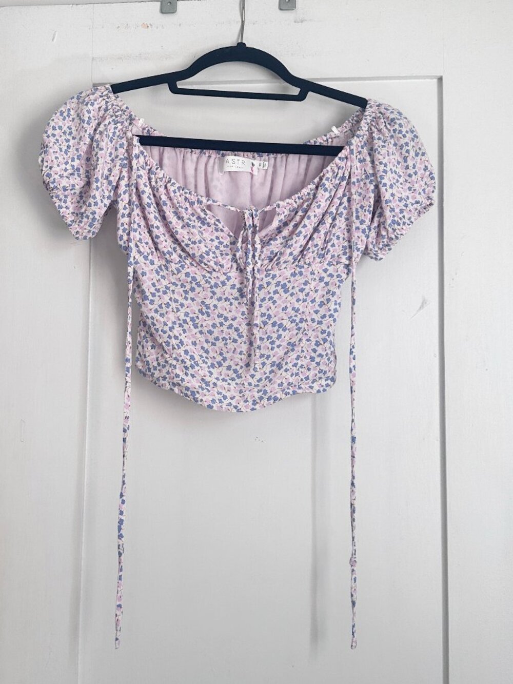ASTR The Label Blue Lavender Floral Puff Sleeve Corset Top XS